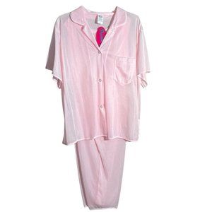 New Womens Private Moments Pink Pajama Set Size 1XL Plus Size Nylon Button Front